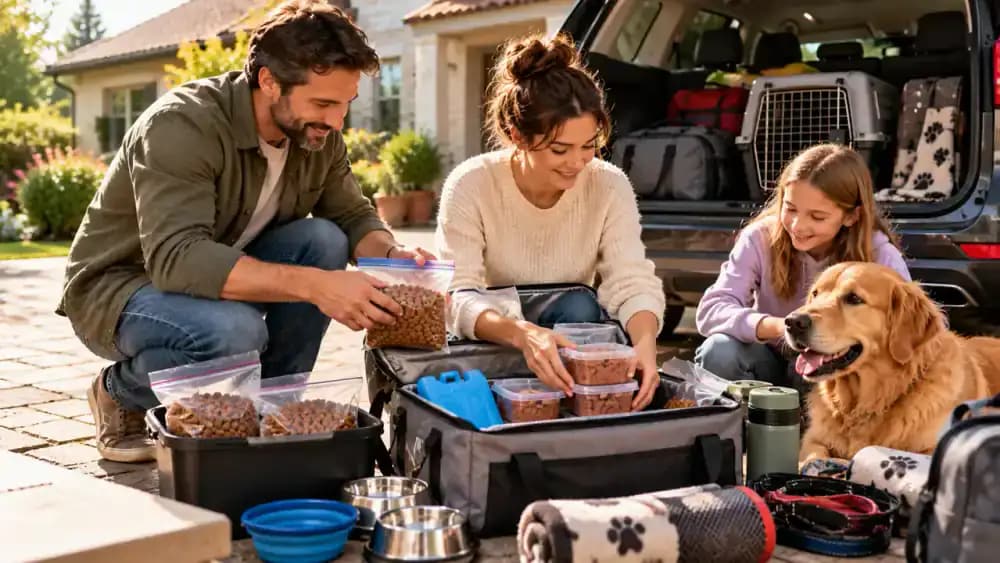 Family preparing for a road trip beside a parked SUV, with sealed dry dog food portions, an insulated cooler with ice packs, and a phone displaying a pet food label while a Golden Retriever waits nearby.