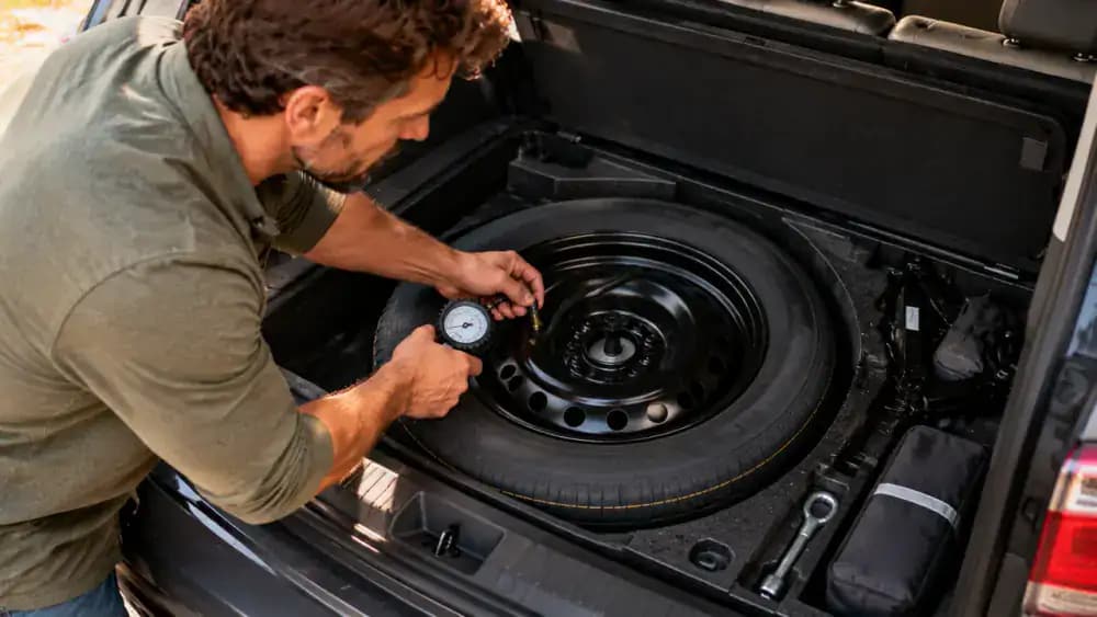 Driver kneeling beside an SUV's open rear cargo area and checking the stored compact spare tire's valve with a handheld pressure gauge, with an owner's manual and maintenance notebook nearby.