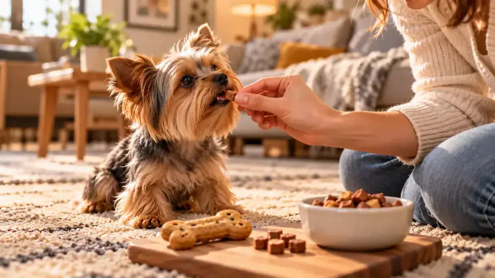 Tiny Yorkshire Terrier practicing a paw command on a cozy living room rug while its seated owner offers a very small, soft treat. A ceramic plate holds additional tiny rewards beside a larger commercial treat for size comparison.