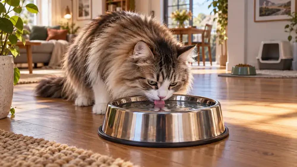 Wide stainless steel water bowl in a newly adopted cat room