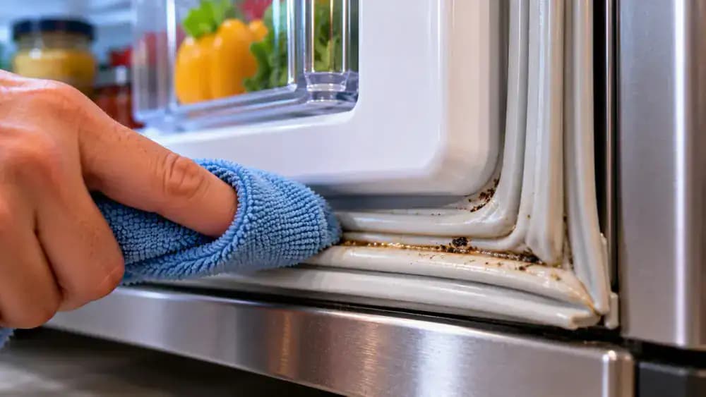 Macro close-up of a microfiber cloth wrapped around an index fingertip gently cleaning softened food residue from a narrow groove in the lower gray rubber gasket of an open refrigerator door.