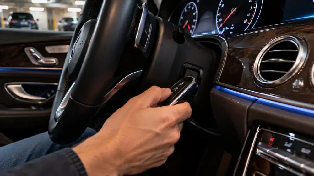 Driver holding a black key fob inside a parked luxury sedan while checking a staged key-not-detected dashboard warning and consulting the owner's manual for the backup starting method.