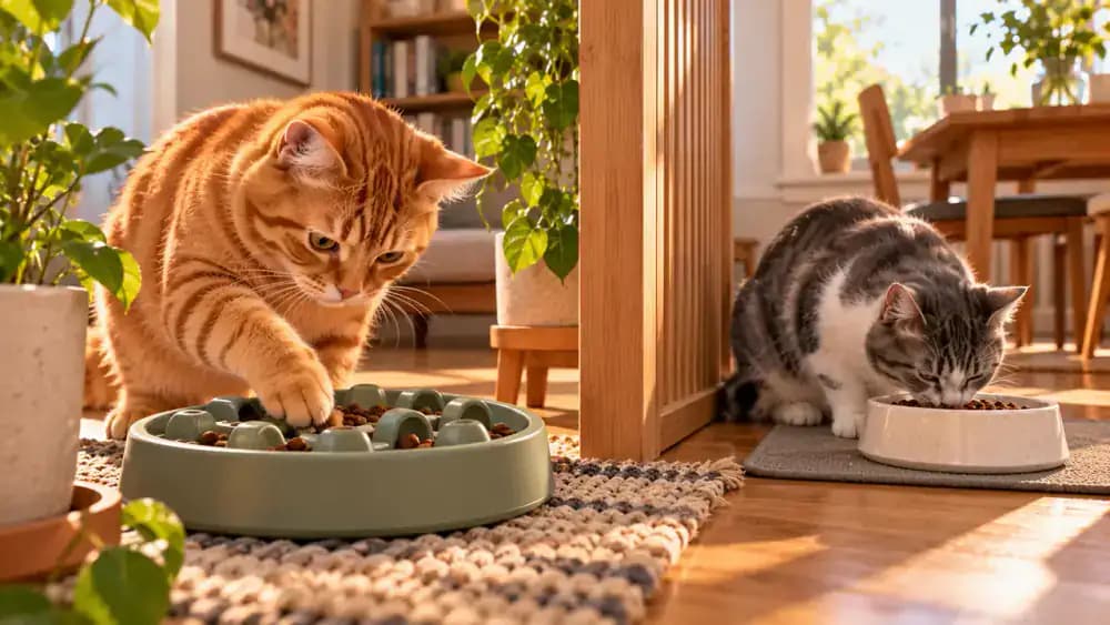 Orange tabby using its paws and nose to retrieve kibble from a shallow puzzle feeder on a non-slip mat while its owner observes nearby.