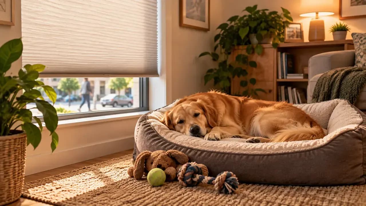 Dog relaxing after a window blind is lowered and the bed is turned away from street activity