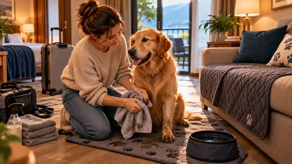 Pet owner covering a cream hotel sofa with a washable protector, wiping a golden retriever's paws, redirecting a tabby cat toward a portable scratching pad, and photographing a minor furniture mark.