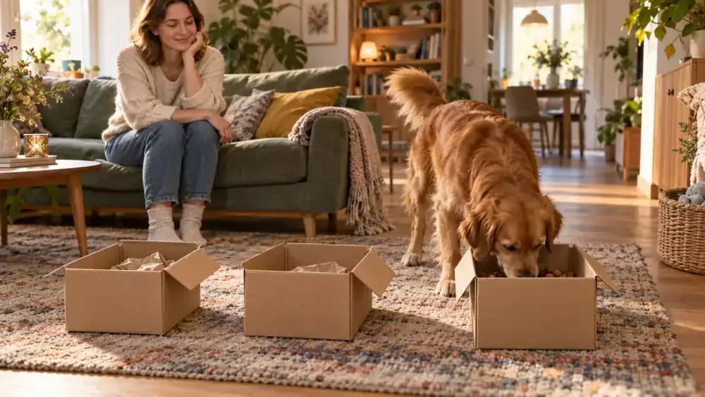 Dog checking empty boxes before locating food in another box