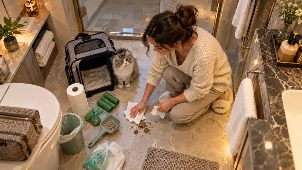 Pet cleanup supplies including waste bags, litter scoop, disposable bags and paper towels beside a carrier
