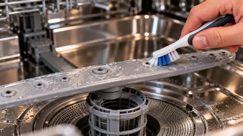 Close-up of a stationary lower dishwasher spray arm with chalky white mineral deposits around its water outlet openings as a person gently cleans the exterior edges using a soft, damp detailing brush without inserting the bristles into the holes.