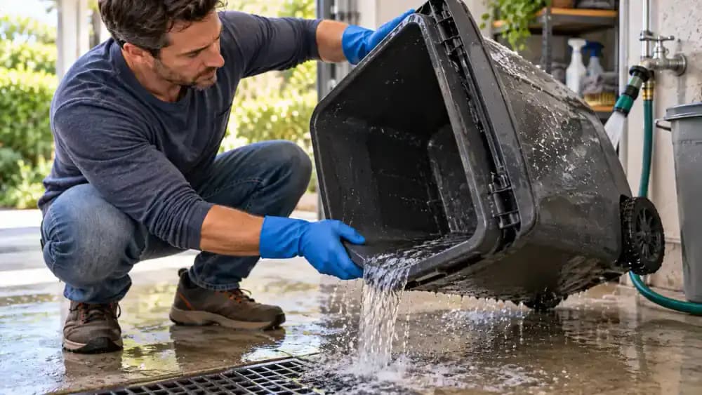 Gloved person rinsing the inside of a trash can with clean water over a drainage area after detailed cleaning