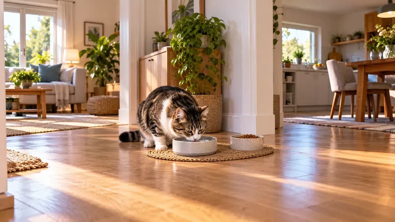 Shy cat approaching a water bowl in an open room with clear sight lines and multiple exit paths