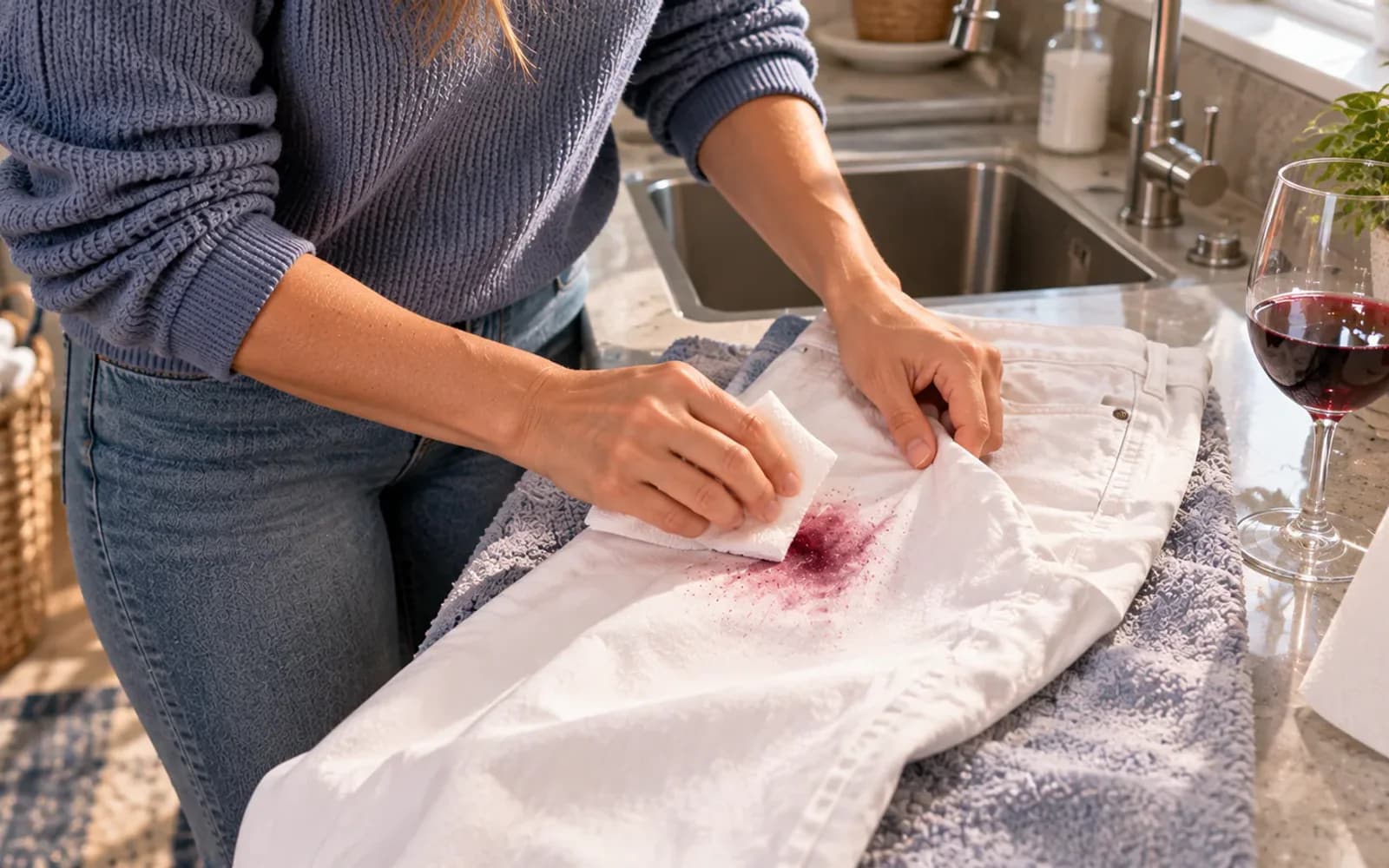 White jeans with a fresh red wine stain laid over a laundry sink, with a clean towel behind the denim while a person gently blots the stain with a white cloth and the care label remains visible.