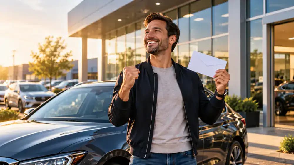Confident car shopper holding a blank financing approval envelope outside a modern dealership.