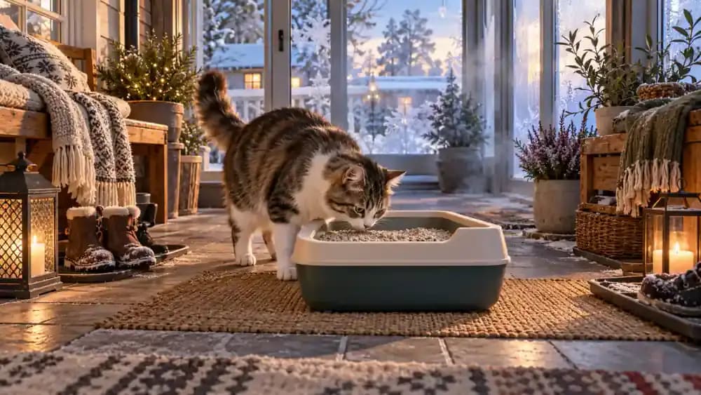 Litter box on a cold enclosed porch with winter frost outside, another tray in a sun-heated glass conservatory, and an owner checking temperatures with a digital thermometer.