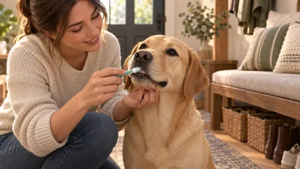 Calm Labrador accepting a brief touch from a soft pet toothbrush against an outer front tooth