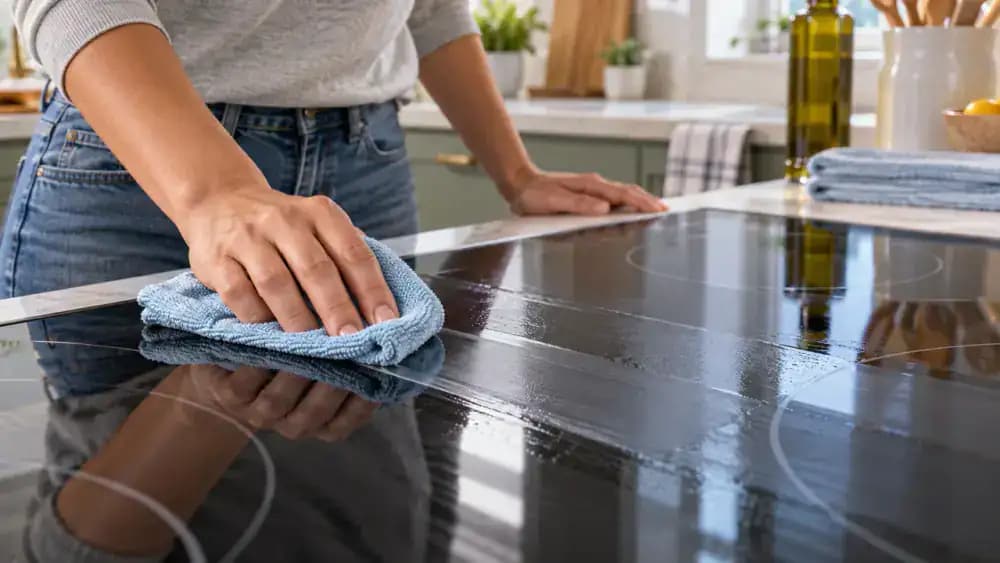 Close side view of a hand gently wiping cloudy cleaner residue from a cooled black glass-ceramic electric cooktop with a folded microfiber cloth in a modern kitchen, using straight, overlapping strokes.