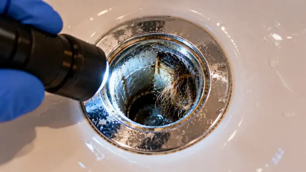 Overhead close-up of a white porcelain bathroom sink with its chrome stopper removed, showing a gloved homeowner using a flashlight to inspect visible hair strands and soap residue along the upper drain walls.
