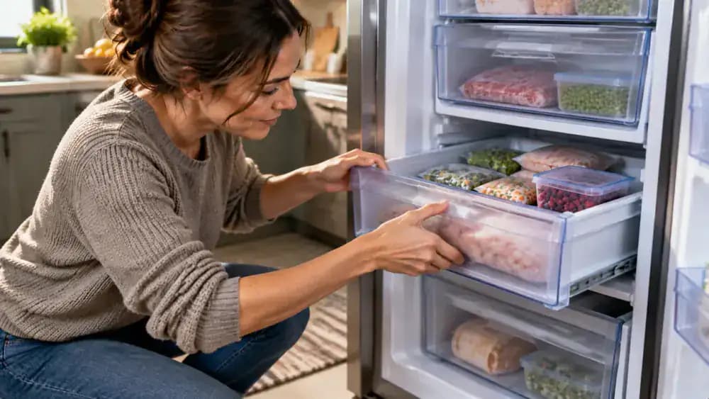Homeowner checking freezer drawer movement and inspecting drawer tracks and edges for moisture after cleanup