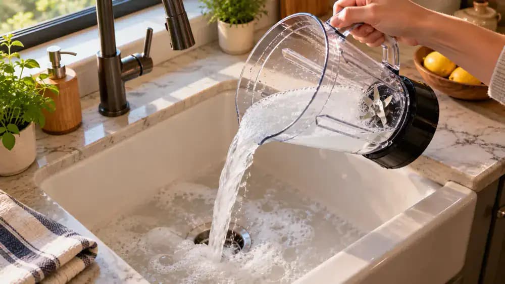 Overhead view of an adult rinsing a transparent blender jar with warm tap water over a white farmhouse sink after pouring out cloudy soapy cleaning water, with stationary blades and some remaining residue visible.