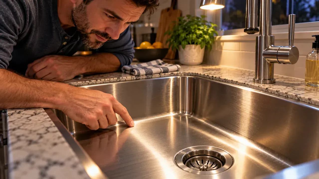 Close-up of a dry stainless steel kitchen sink under angled task lighting as a homeowner traces the visible grain direction with a fingertip beside a clean microfiber cloth.