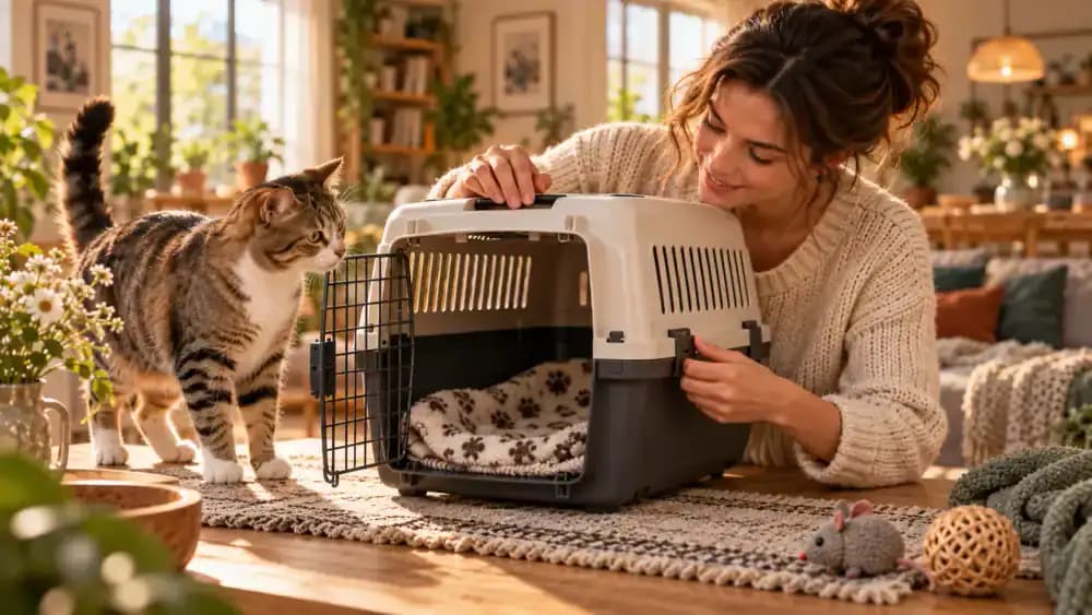 Owner checking the latch ventilation screws seams and interior space of a cat carrier