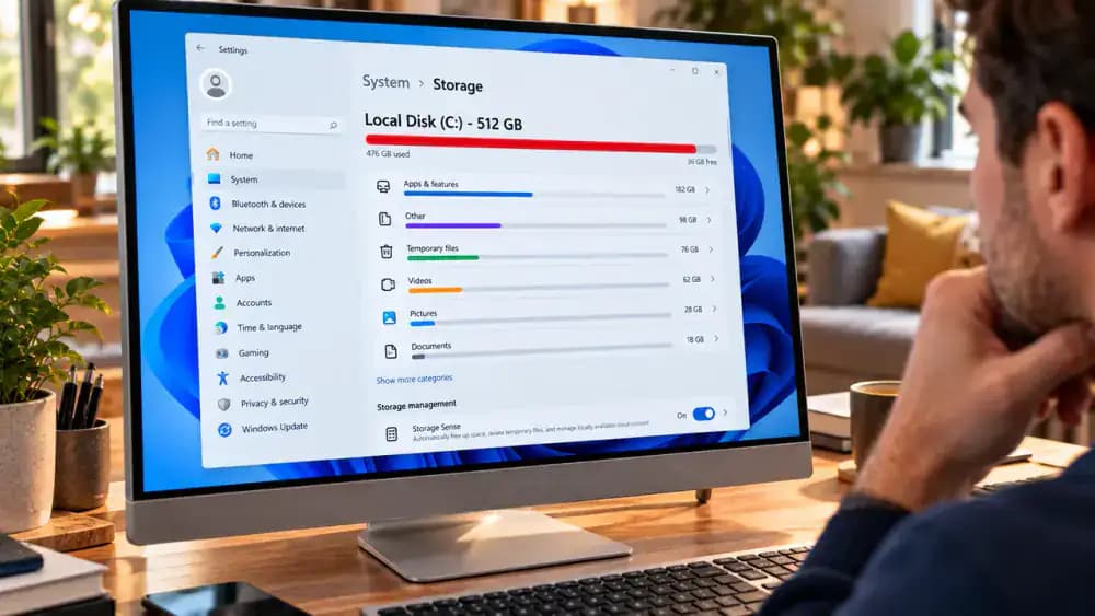 Windows 11 Settings open to System > Storage, displaying the main drive capacity bar, used and available disk space, and storage categories including Installed apps, Temporary files, and Other.