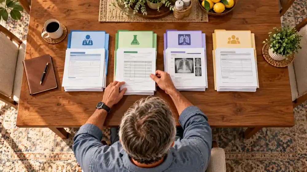 Overhead view of a patient sorting fictional medical paperwork into four labeled piles for visit summaries, laboratory reports, imaging reports, and referrals, with the newest dated documents placed on top.