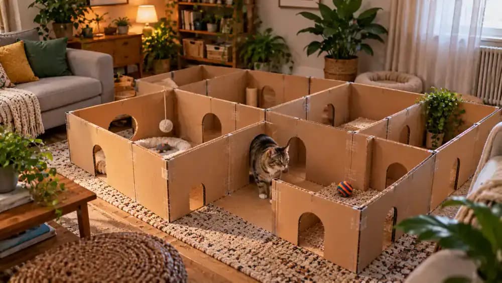 Owner moving a cardboard cat maze away from a sunny window and nearby heater into a shaded, ventilated living room area with softly lit passages and accessible exits.