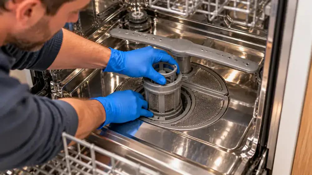 Gloved adult reinstalling a cleaned dishwasher filter, aligning molded marks, rotating the locking handle, and gently checking that the filter is firmly seated.