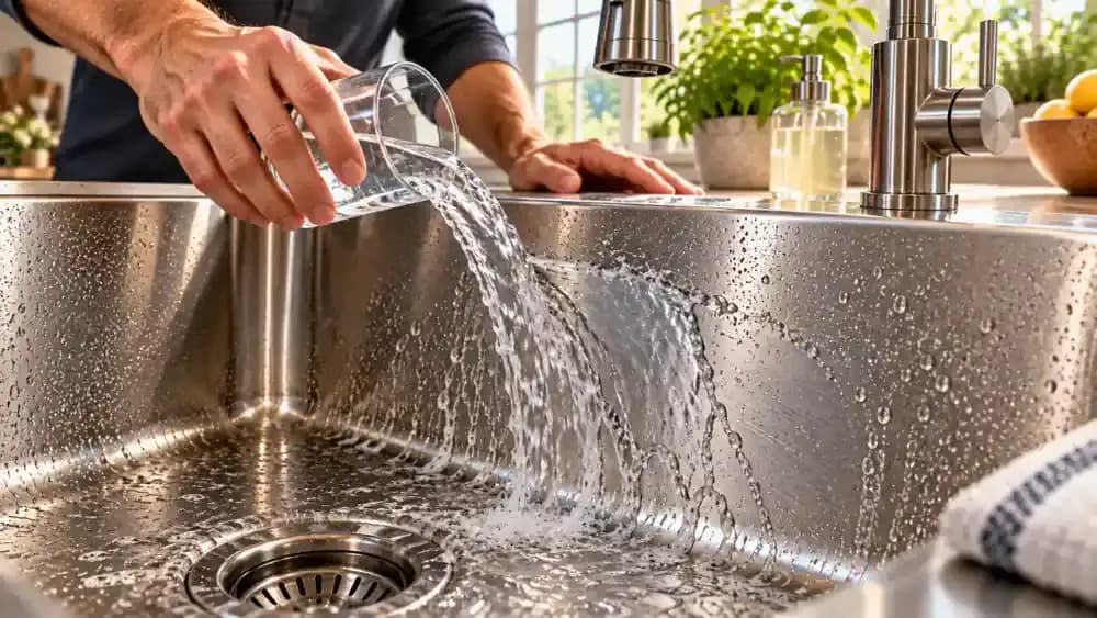 Homeowner pouring clean water from a transparent measuring cup onto the sloping wall of a stainless steel kitchen sink, rinsing away mineral cleaner and loosened hard water deposits toward the drain.