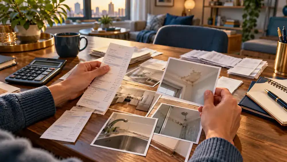 Renter reviewing repair receipts and comparing apartment condition photographs at a dining table.