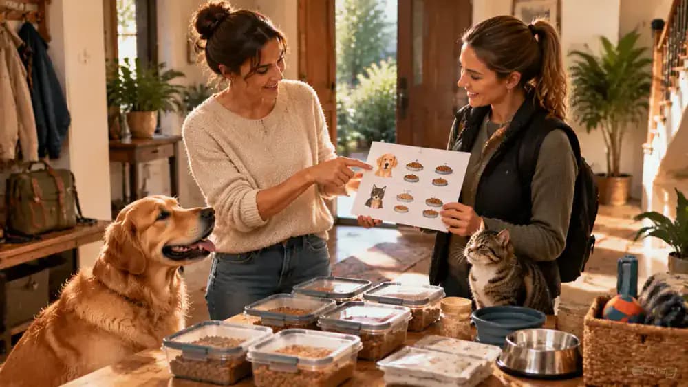 A pet owner hands a laminated feeding instruction sheet to a visiting pet sitter while a Golden Retriever and tabby cat wait calmly beside an organized pantry with labeled food containers.