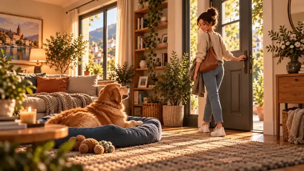 At the entrance of a modern home, Emma gently touches the front door handle without opening it. Bailey watches from a comfortable dog bed several feet away, with a coat and shoes near the doorway.