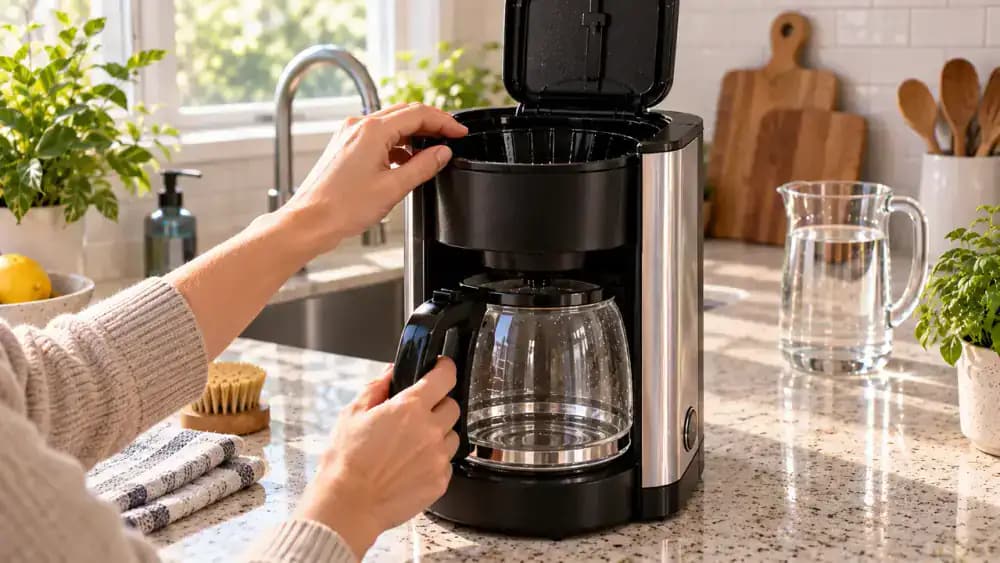 Close-up of a reassembled coffee maker with its reservoir open as a hand checks the empty tank, seated brew basket, positioned carafe, and manufacturer descaling instructions.