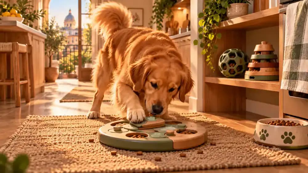 Dog using one food puzzle while different puzzle feeders wait on a shelf