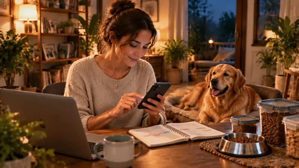 An adult in work clothes checks a delayed meeting notification on a laptop and coordinates feeding arrangements by smartphone, with a weekly planner and a Golden Retriever waiting near its designated feeding area.