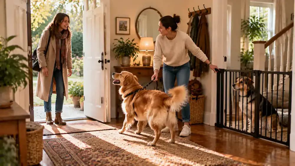 Owner guiding the newly adopted dog into a comfortable room behind a secure gate while controlling the excited resident dog during a visitor's arrival.