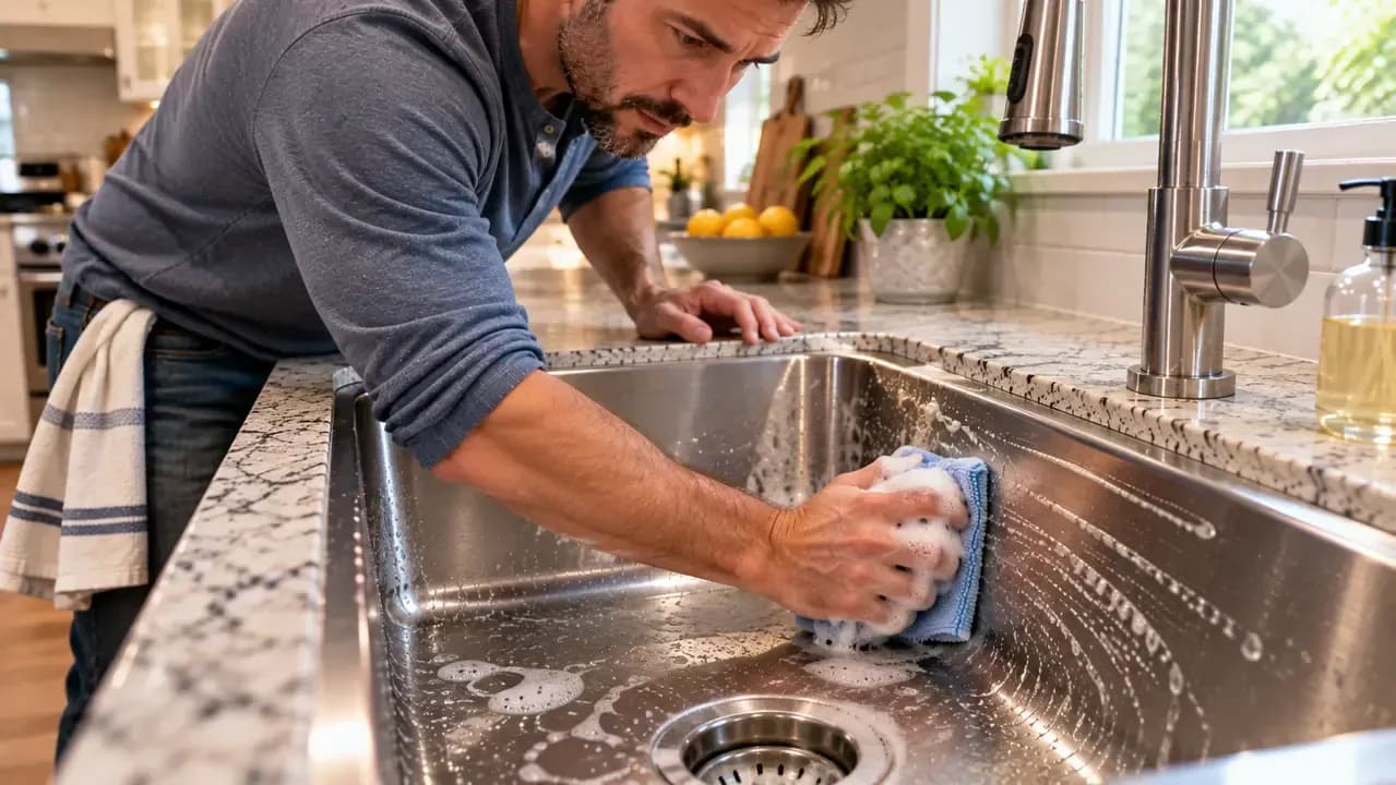 Adult homeowner gently wiping the front wall of a stainless steel sink with a damp microfiber cloth in straight strokes along the grain, with mild dish soap nearby.
