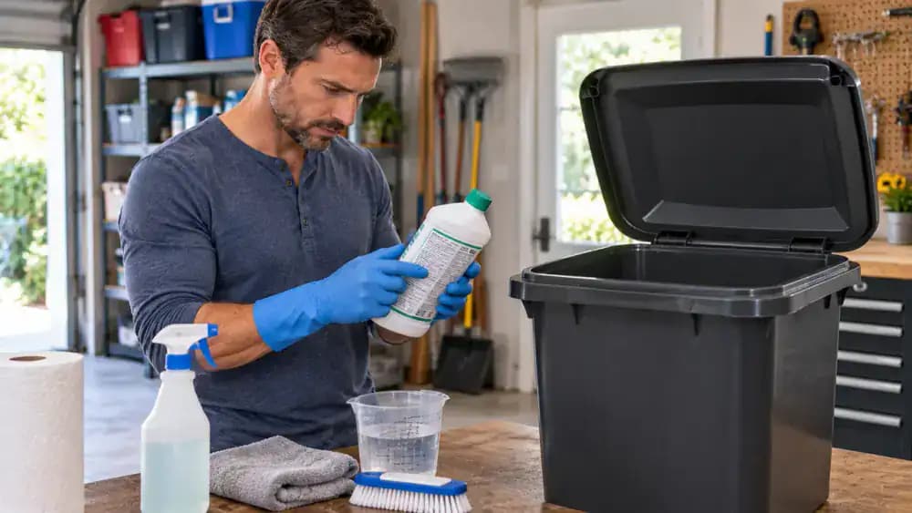 Gloved person reading a disinfectant label beside a clean empty trash can on a dry surface before disinfecting compatible material.