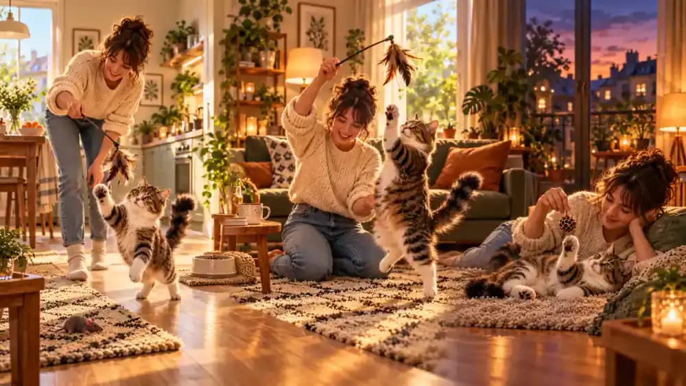 Cat playing during morning afternoon and evening sessions