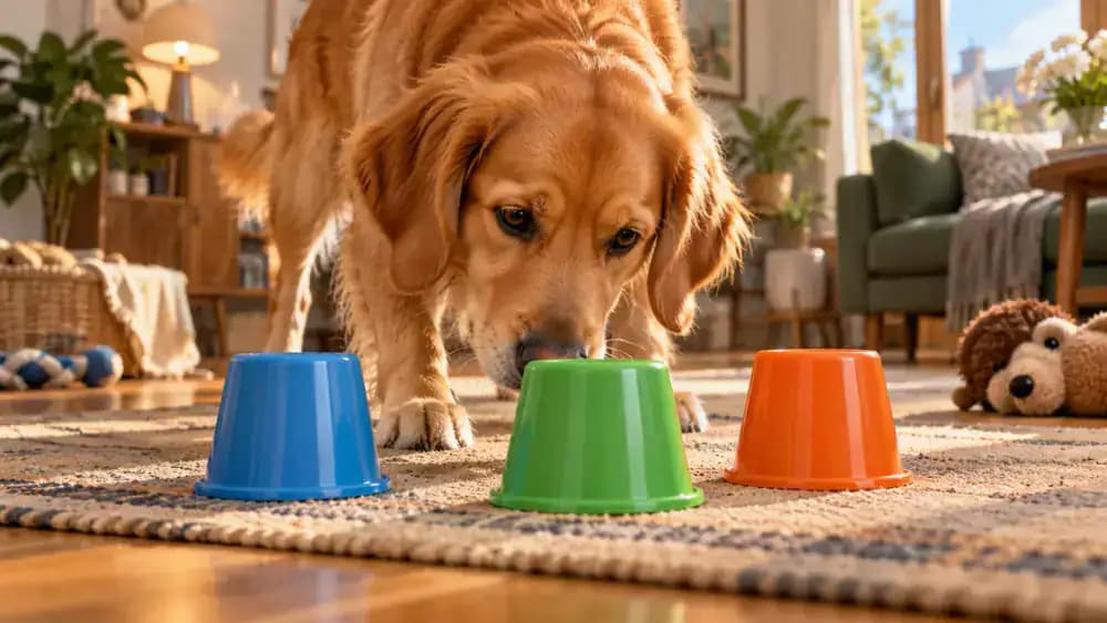 Dog sniffing three upside-down plastic cups with food under one