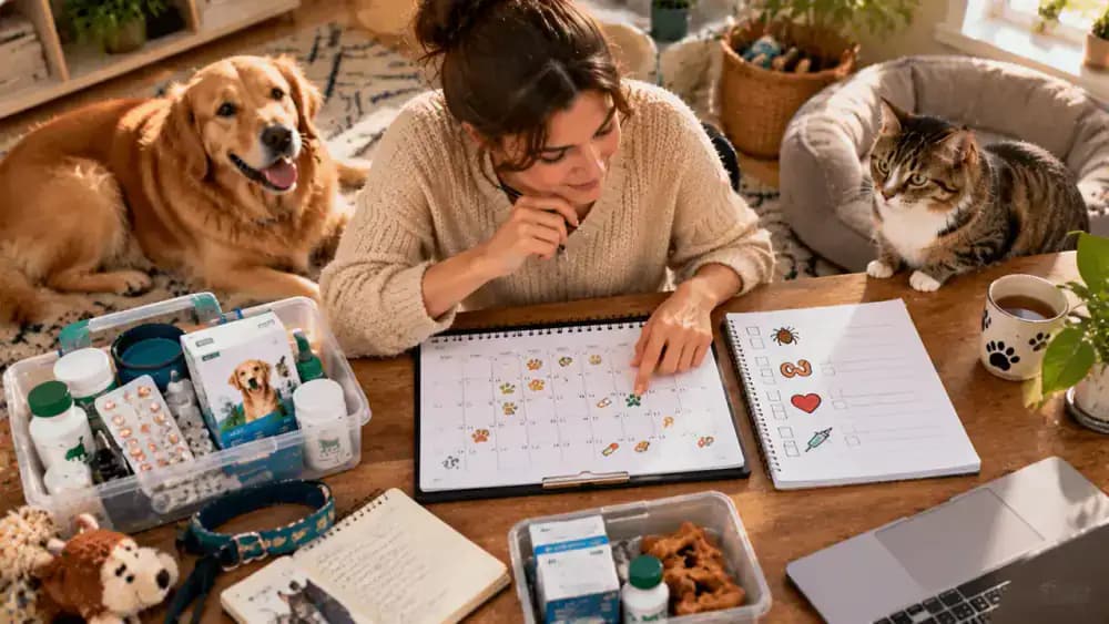 Pet owner reviewing upcoming prevention dates, remaining supplies, and veterinary questions at a desk while a monthly checklist reminder appears on a phone.