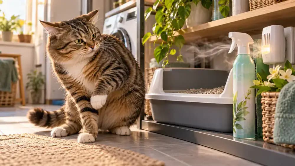 Tabby cat turning away from a litter box beside scented sprays, a plug-in air freshener, and cleaning bottles as an owner removes fragrances and stores chemicals in a secured cupboard.