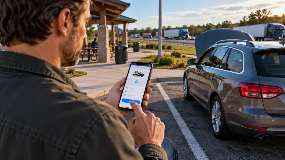 Driver in a safe roadside turnout using a smartphone to request roadside assistance for a parked American station wagon that will not start.
