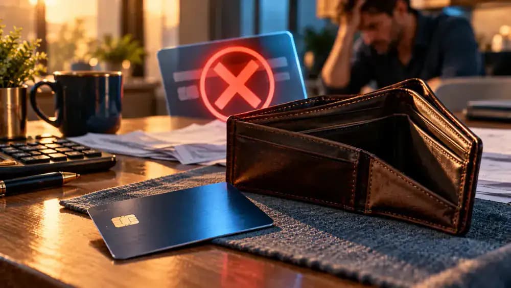 Bank card beside an empty wallet and a declined payment symbol illustrating an unsuccessful withdrawal.
