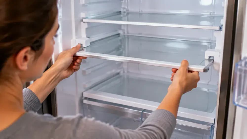 Person pressing refrigerator shelf release tabs while lifting a glass shelf edge with one hand supporting underneath