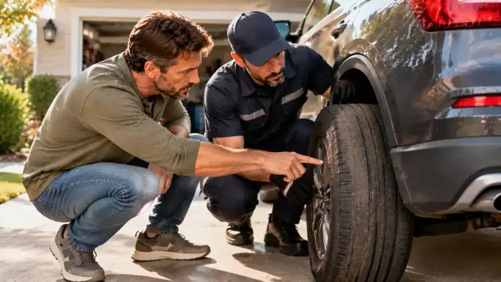 Driver pointing to uneven tread wear on a parked SUV's rear tire while discussing the concern with a professional tire technician holding an inspection checklist.