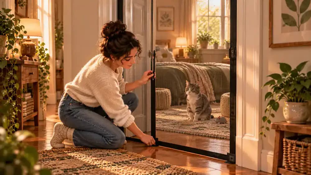 Owner checks the locking mechanism and lower corners of a full-height mesh barrier across a bedroom doorway