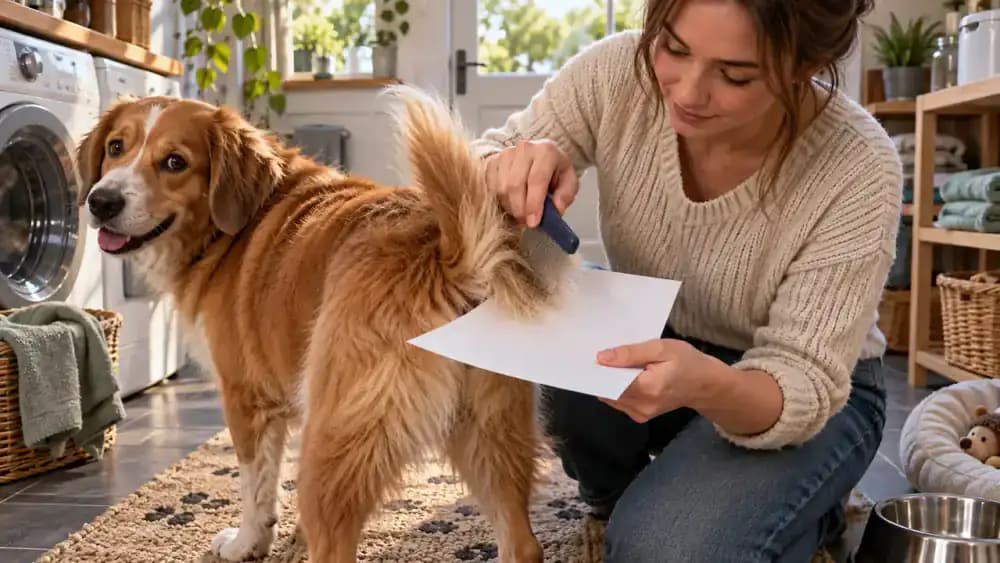 Owner using a flea comb near a dog's tail and inspecting it against white paper