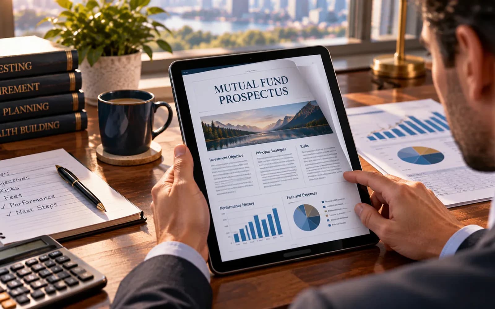 Investor opening a mutual fund prospectus on a tablet