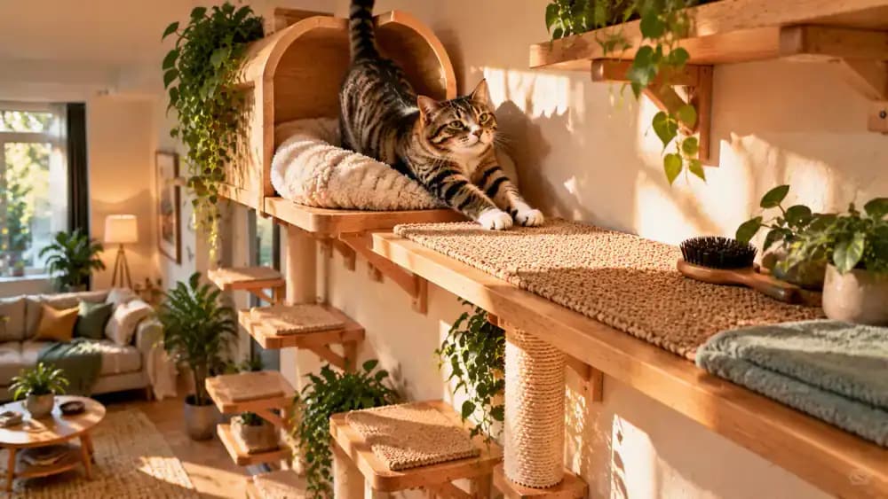 Cat exploring a padded elevated nook, a wide grooming platform, and an open living room viewing shelf while the owner adjusts a blanket to keep the nonslip surface and mounting points visible.